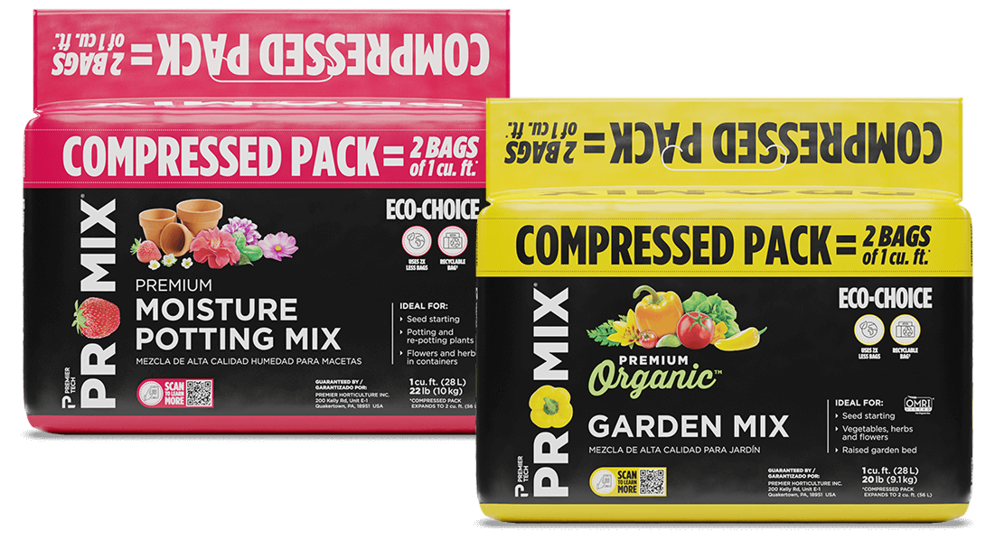 PRO-MIX Compressed Packs packages. On the left, Moisture Potting Mix, on the right, Organic Garden Mix