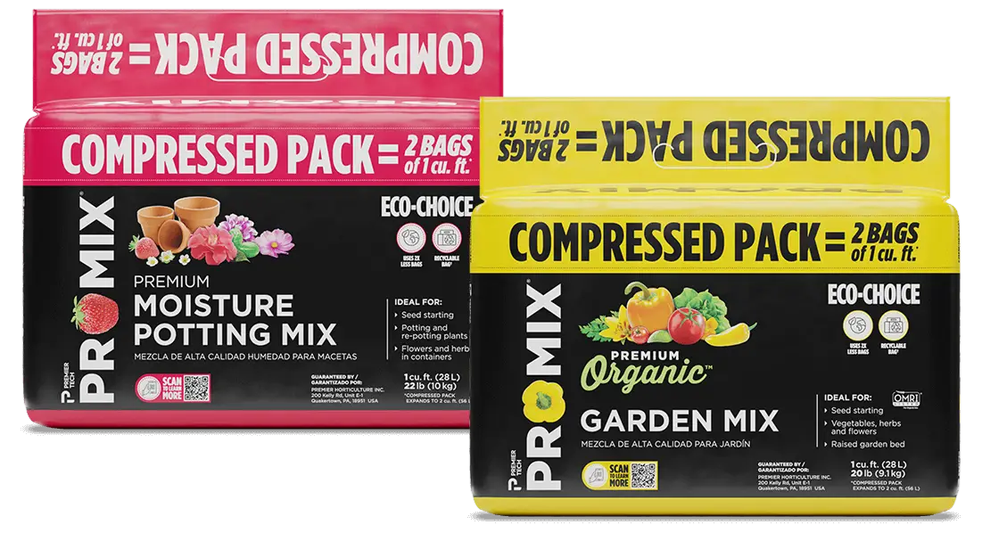 PRO-MIX Compressed Packs packages. On the left, Moisture Potting Mix, on the right, Organic Garden Mix