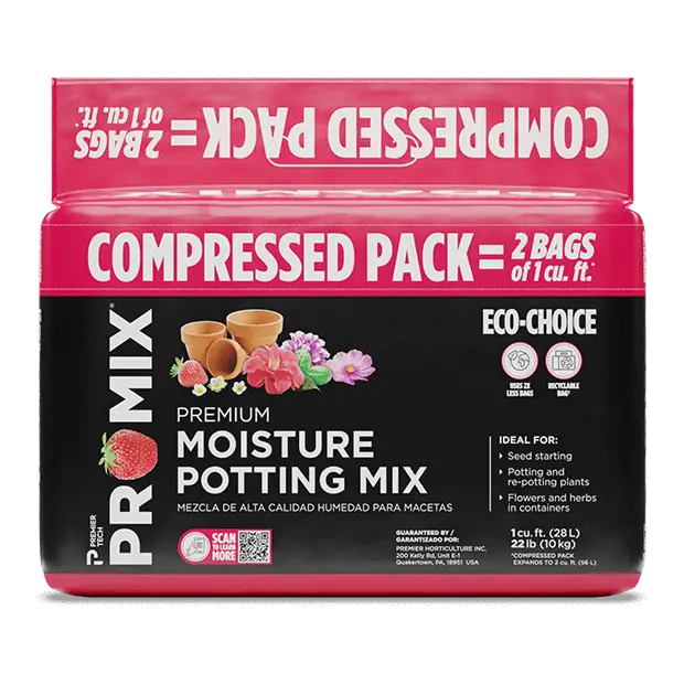 Colorful packaging of the compressed pack Premium Moisture Potting Mix