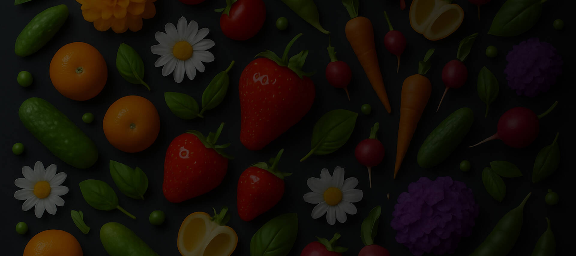 Small fruits and vegetables with some flowers layed on a dark surface