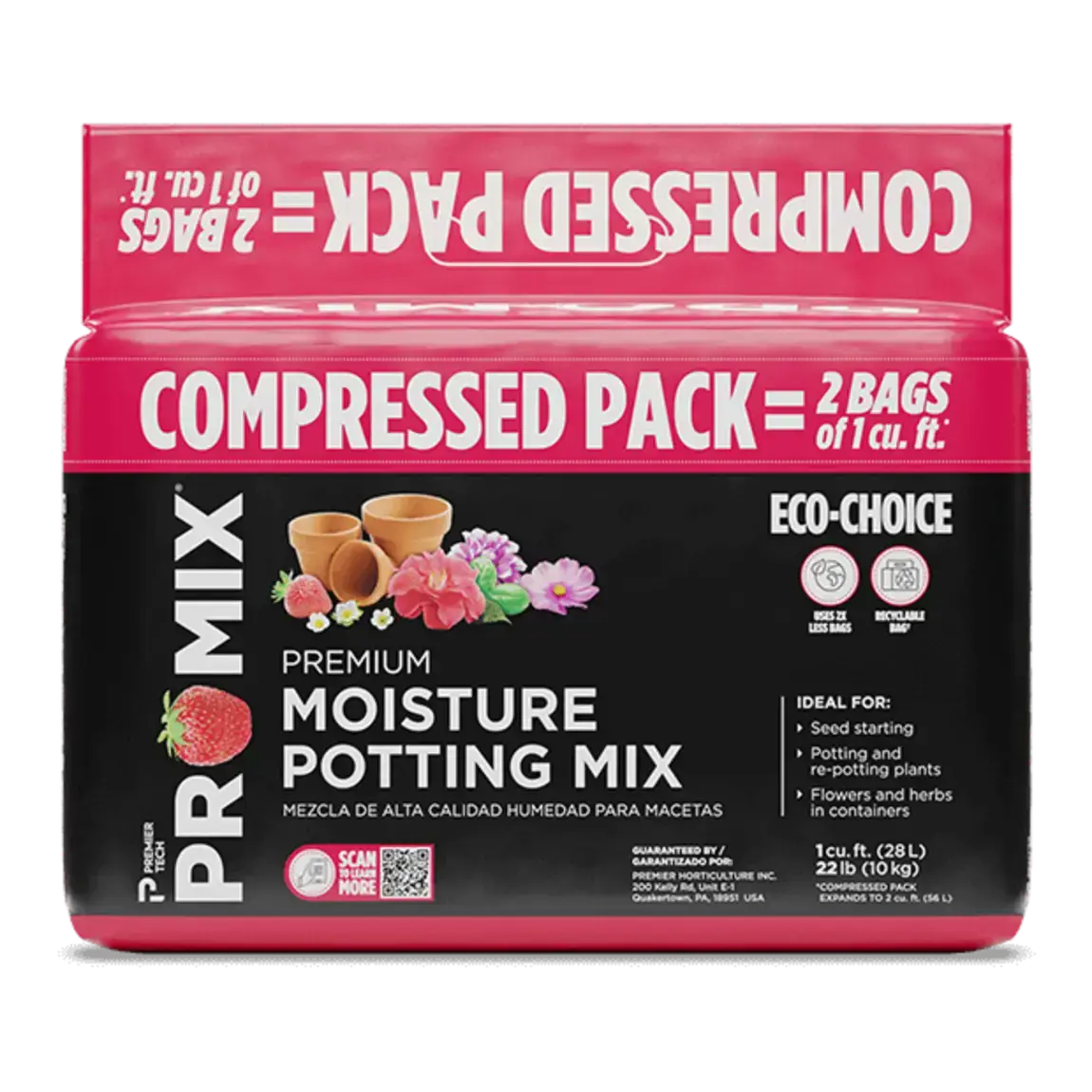 Colorful packaging of the compressed pack Premium Moisture Potting Mix