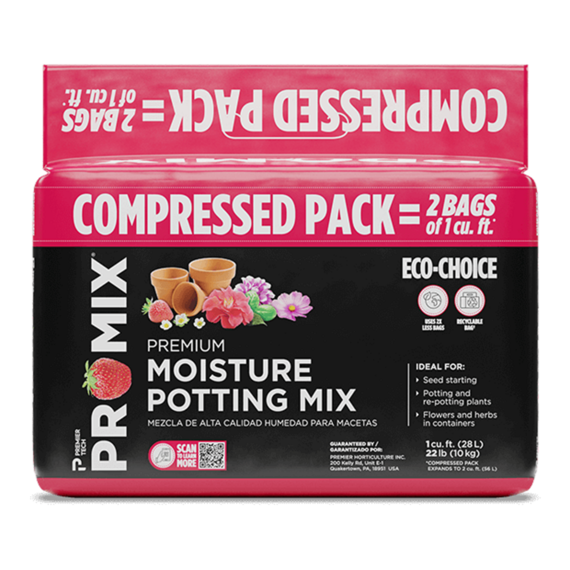 Colorful packaging of the compressed pack Premium Moisture Potting Mix